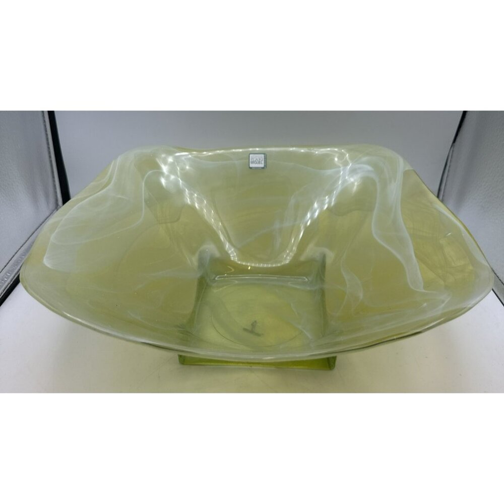 San Miguel Studio Green Swirl Free Form Hand Blown Bowl Spain 14x5 100% Recycled